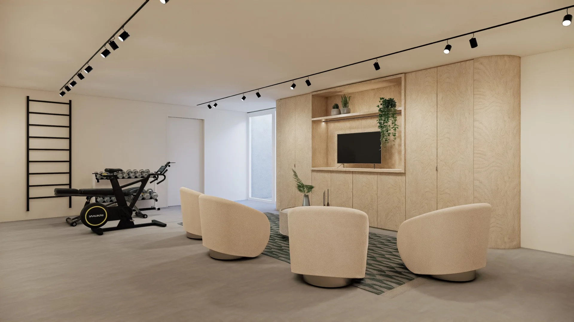 Sportruimte met loungezone en trainingstoestellen
