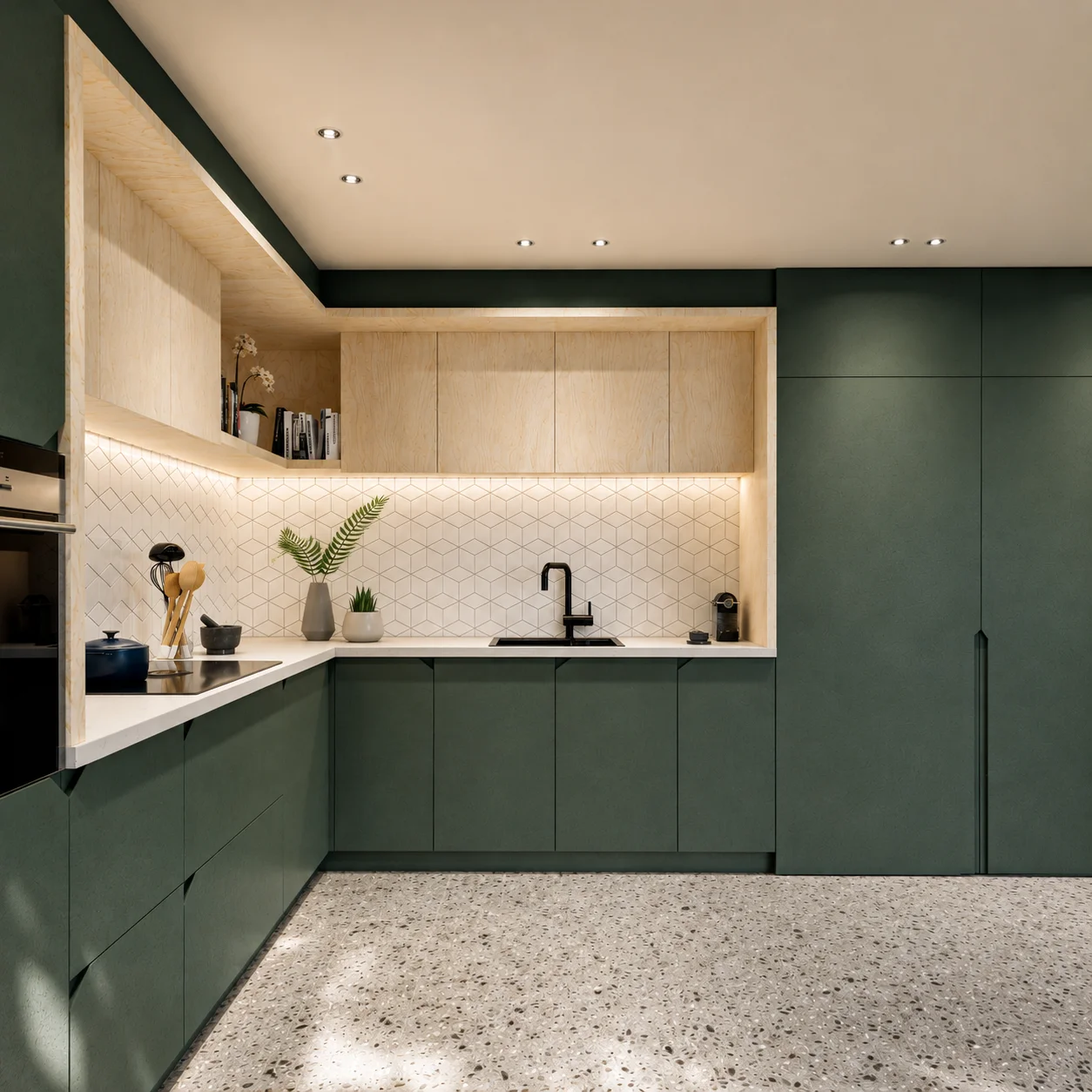 3D-render van een flesgroene maatwerkkeuken met berken nis in Heusden-Zolder