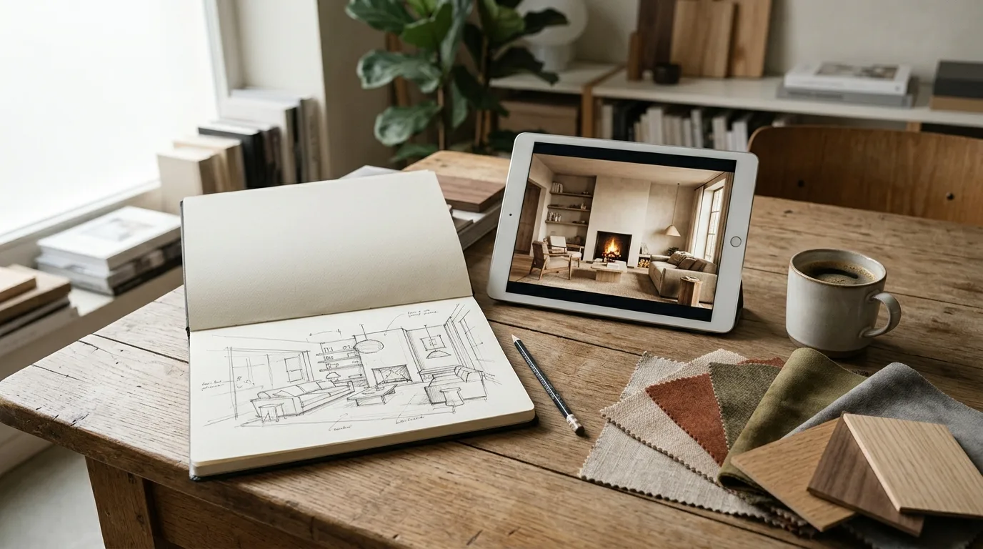 Werktafel met tekenmateriaal, staalkaarten en 3D-render van een interieurontwerp