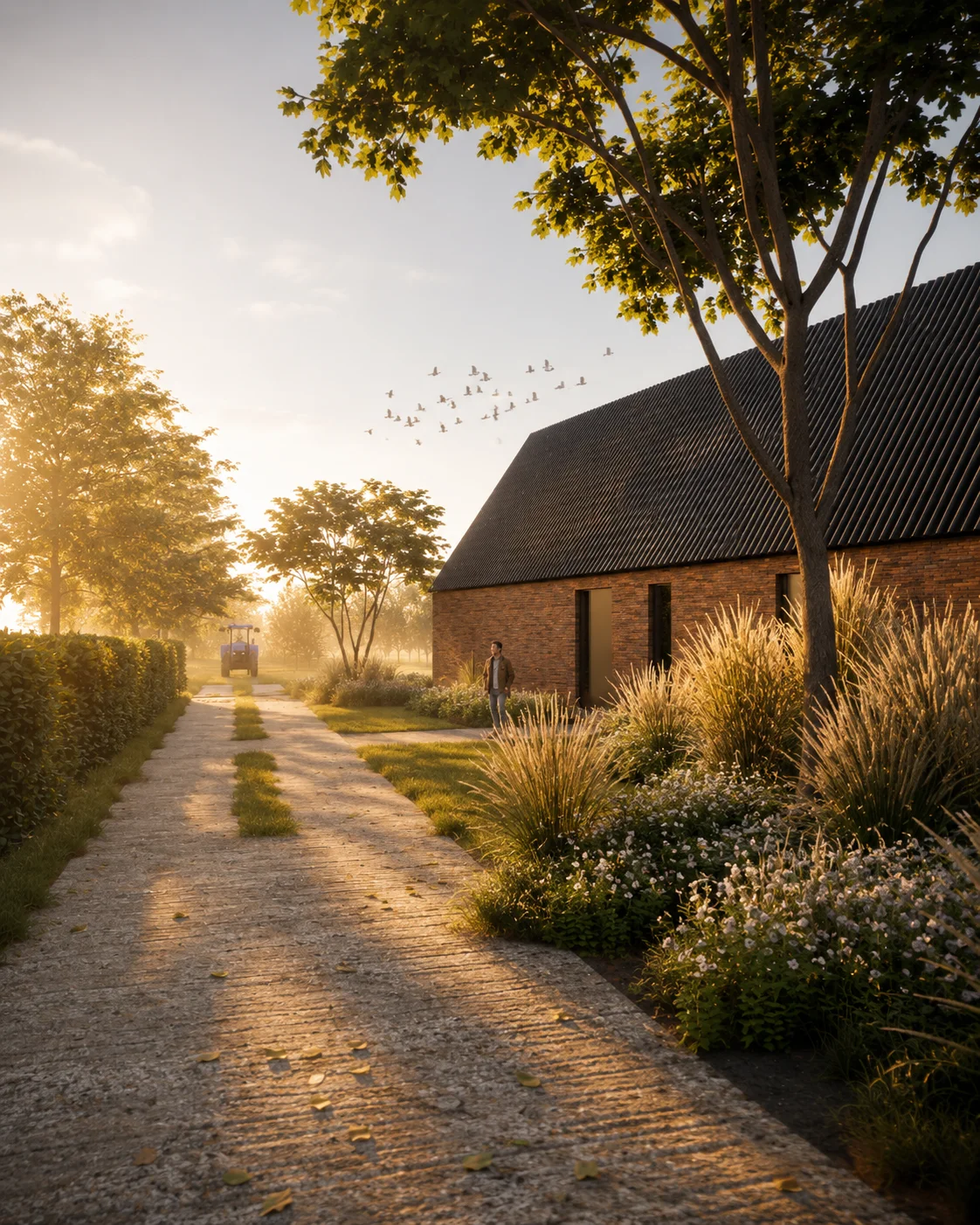 Oprit en erfbeplanting · gouden uurssfeer