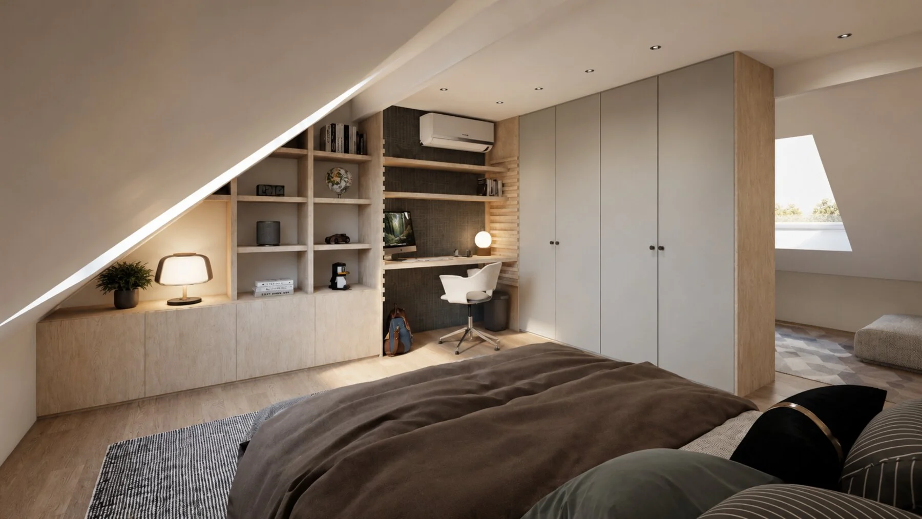 Slaapkamer met ingemaakte kasten in zadeldak
