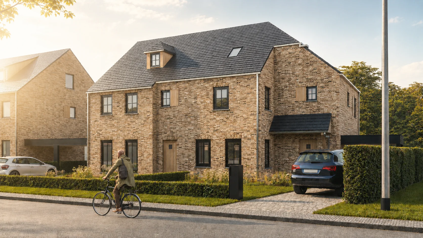 Straataanzicht · vier halfopen woningen