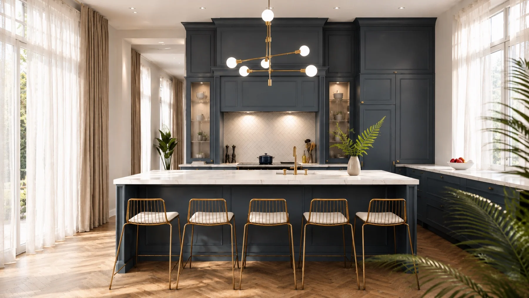 Keukeneiland met gelakt blauw en messing